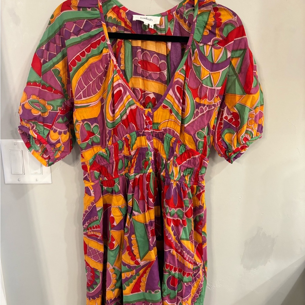 ba&sh Multicolor Abstract Print Puff-Sleeve Dress — Purple, Yellow, Green, Red